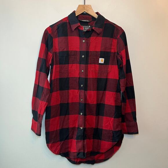 Carhartt Women's Rugged Flex Relaxed Fit Flannel Button Shirt Red Black Small - Picture 1 of 7